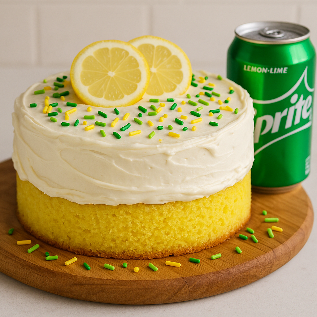 Bright and fluffy lemon Sprite cake made with a simple box mix and a can of Sprite, topped with creamy vanilla frosting, green and yellow sprinkles, and fresh lemon slices – the perfect easy dessert for a citrus-themed party or summer birthday