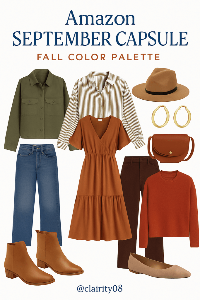 September Capsule Wardrobe – Fall Color Palette Pieces
This month’s collection blends earthy tones, cozy textures, and transitional staples that work for both warm afternoons and cool evenings. Here are the must-have pieces:

Olive Green Shacket – A perfect lightweight outer layer for early fall chill.

Striped Button-Down Shirt – Works on its own or layered under sweaters/jackets.

Fedora Hat – Adds instant polish and fall flair to any look.

Denim Jeans – A year-round classic that pairs with everything.

Midi Dress – Ideal for those still-warm days; just add boots for a fall-ready look.

Gold Hoop Earrings – Timeless accessories to elevate casual outfits.

Crossbody Shoulder Bag – Practical, hands-free, and perfect for fall outings.

Trouser Pants – A tailored alternative to jeans for a more polished style.

Long Sleeve Shirt – A layering essential for cooler mornings.

Ballet Flat Shoes – Comfortable and chic for everyday wear.

Brown Boots – The ultimate fall shoe that works with jeans, dresses, and skirts.