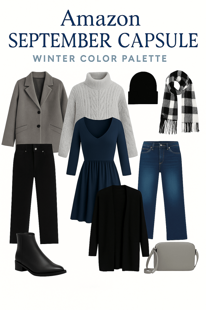 Here’s a versatile 11-piece September capsule featuring cool neutrals and cozy layers:

Grey coat – A stylish outer layer perfect for crisp fall mornings and evenings.

Grey cable knit sweater – Adds warmth and texture while staying true to the Winter palette.

Black knit hat – Keeps you cozy with a chic, casual touch.

Plaid scarf – Brings pattern and interest while complementing your cool color scheme.

Black jeans – Sleek and versatile for both casual and polished looks.

Classic denim jeans – A relaxed staple perfect for weekends and layering.

Long sleeve dress – A versatile piece that can be dressed up or down for fluctuating September weather.

Black cardigan – Lightweight layering for comfort and style.

Black boots – Practical and stylish footwear that pairs well with everything.

Grey purse – A sophisticated accessory that ties the wardrobe together.