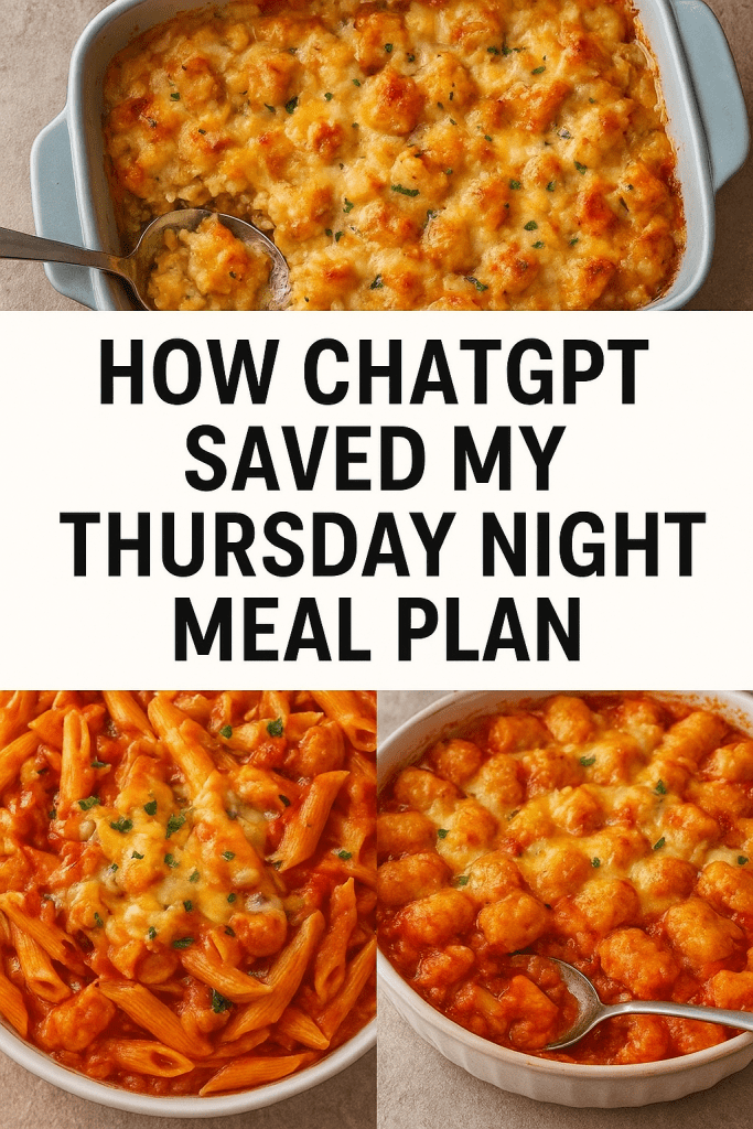 Discover how ChatGPT can plan your Thursday night dinner with what’s in your fridge. Get 3 easy, family-approved recipes—Cheesy Chicken & Rice Casserole, Southwest Pasta, and Tex-Mex Tater Tot Bake.